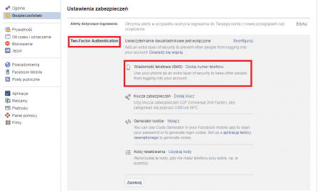 Zrzut ekranu ustawień zabezpieczeń na portalu Facebook