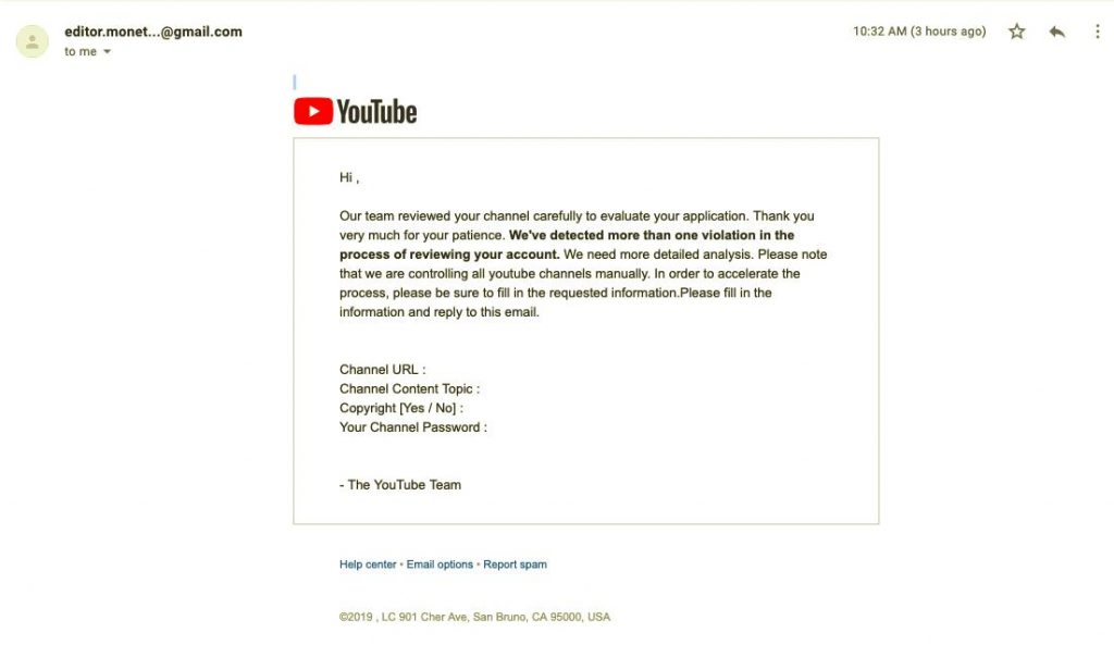 Źródło: https://www.bleepingcomputer.com/news/security/scammers-try-to-trick-youtubers-into-giving-up-password